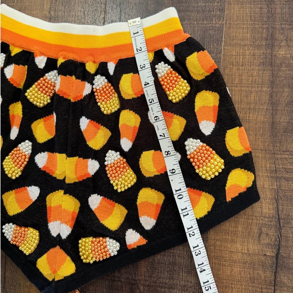 Queen of Sparkles Candy Corn Rhinestone Knit Shorts XS Halloween Lounge Shorts - Picture 5 of 9